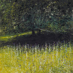 Purple thistles. Sunny Bank. Mixed media, 25 x 21 inches - Painting by Rory Browne
