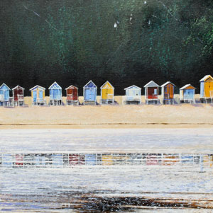 a painting of beach huts on a beach by Rory Browne